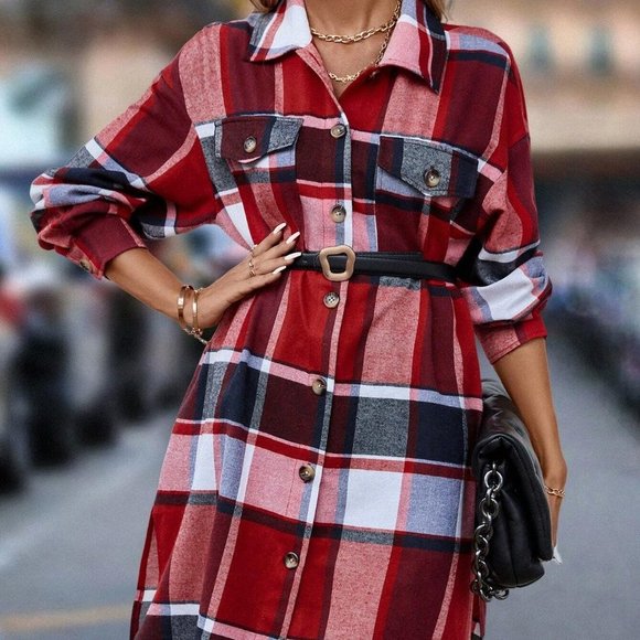 Red Trendy Womens Plaid Print Drop Shoulder Flap Pocket Overcoat - Picture 5 of 5